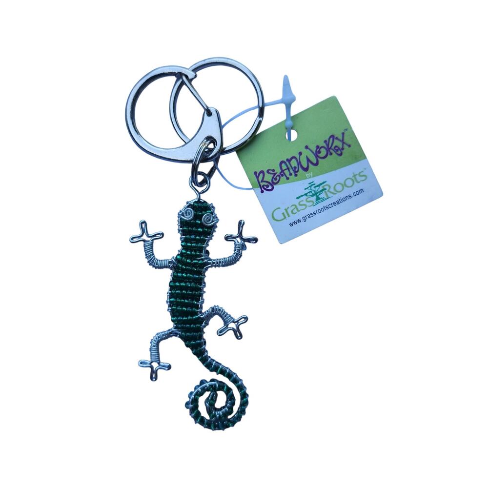 GrassRoots BeadWorx Gecko Lizard Keychain Green Beaded Key Ring NWT